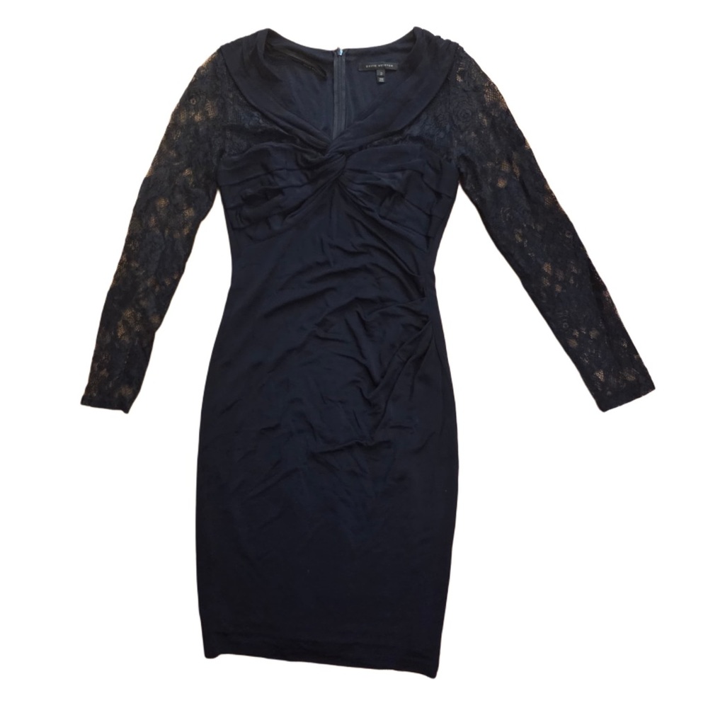 David Meister Black Lace Long Sleeve Midi Length Dress